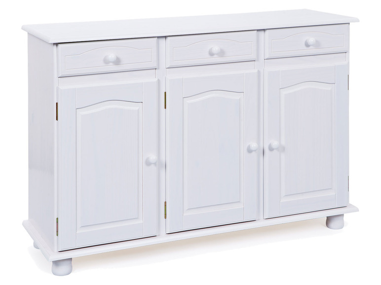 Witte dressoir met twee lades en drie deuren.