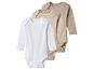 Drie rompertjes met lange mouwen in wit, lichtbeige en beige.