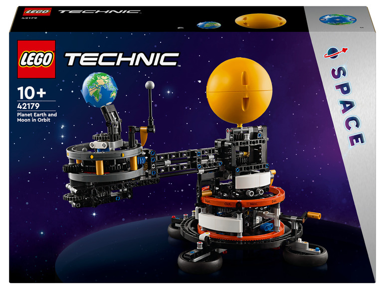 LEGO Technic model van de aarde en de maan in een baan om de zon.