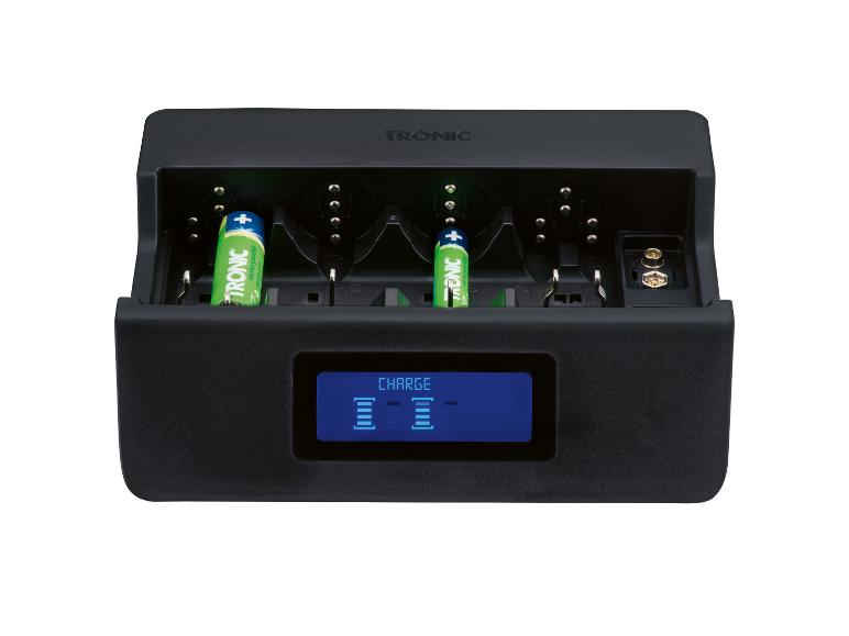 Chargeur de batterie TRONIC avec deux piles rechargeables vertes et un affichage numérique