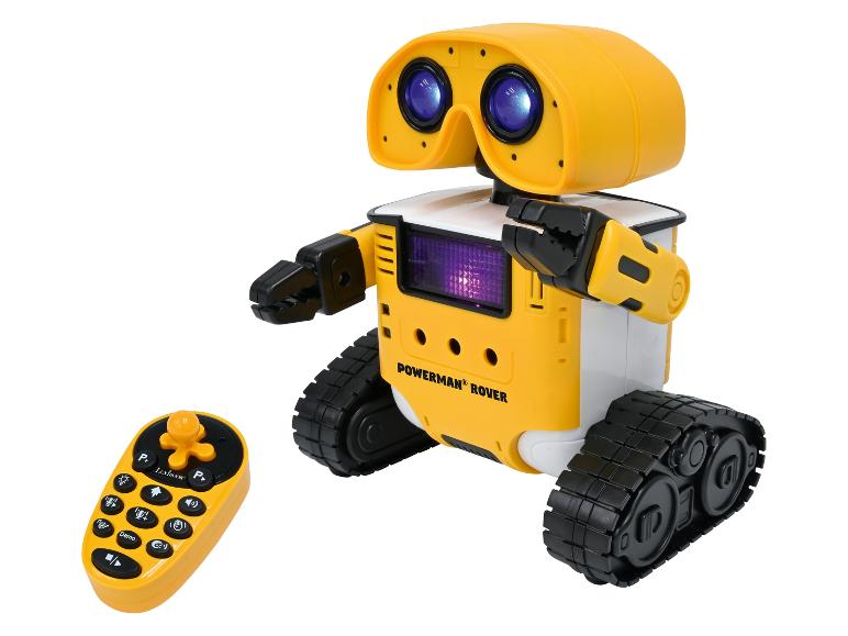 Gele Powerman Rover robot met afstandsbediening.