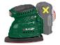 Groene Parkside schuurmachine met een geel X op een grijs accupack.