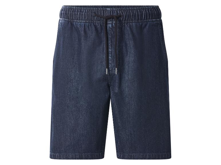 Short en jean bleu foncé avec taille élastique et cordon de serrage.