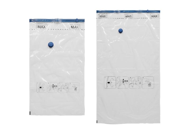 Twee transparante vacuümzakken voor opslag met de tekst 'MAX' en gebruiksinstructies.