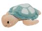 Peluche tortue, beige et vert menthe, avec yeux brodés et joues roses.
