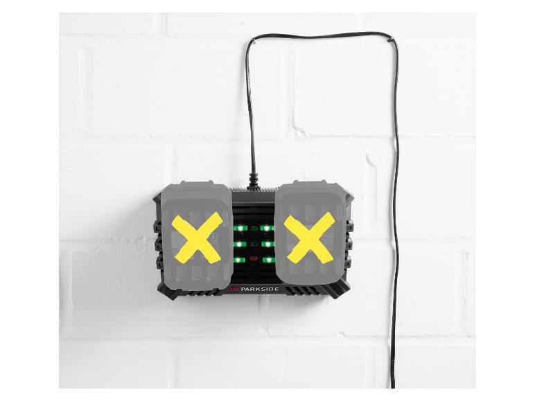 Chargeur double de batteries PARKSIDE avec deux batteries sur un mur de briques blanches.