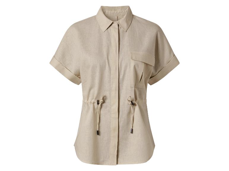 Chemise beige en lin, manches courtes, style décontracté.