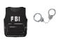 Gilet noir avec l'inscription 'FBI' et menottes en métal.