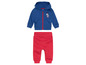 Sweat-shirt à capuche bleu avec fermeture éclair et pantalon rouge, ensemble sportif pour enfants.