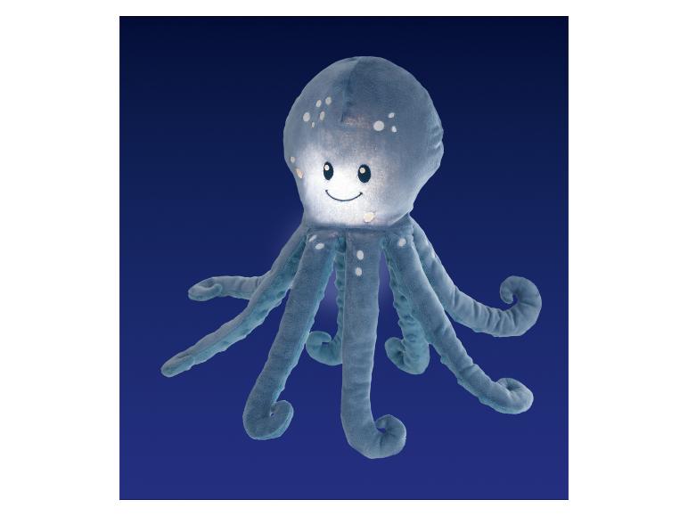 Peluche de pieuvre bleue avec un visage souriant et lumineux