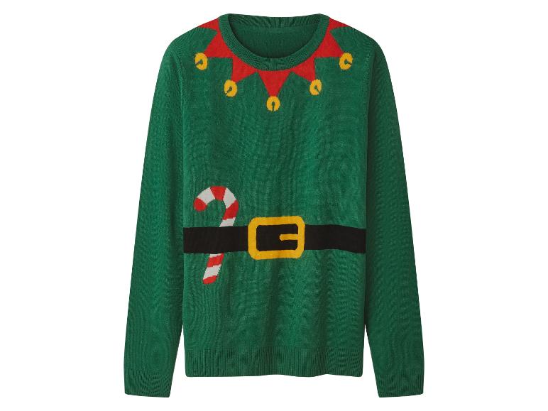 Groene kersttrui met elfenmotief, riem en zuurstok.