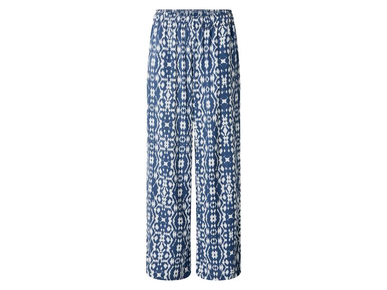 Blauwe en witte broek met ikat-patroon en elastische tailleband.