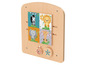Houten speelpaneel met dierenmotieven, waaronder een zebra, leeuw, olifant en giraffe.