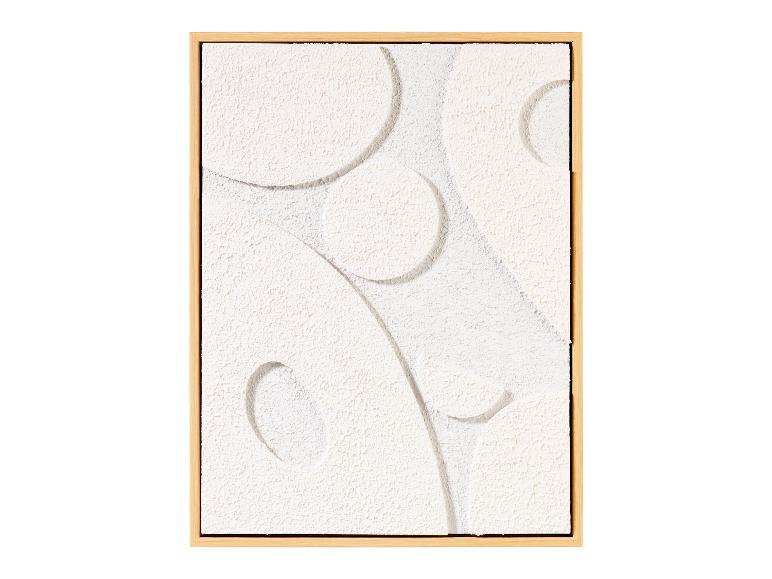 Une peinture abstraite avec des cercles et des lignes blanches dans un cadre en bois.