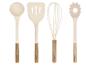 Ensemble d'ustensiles de cuisine avec louche, spatule ajourée, fouet et cuillère à pâtes avec manches en bois