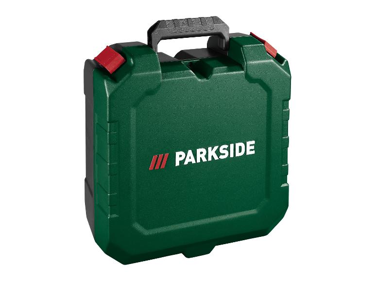 Boîte à outils PARKSIDE en plastique vert foncé avec poignée noire et fermoirs rouges.