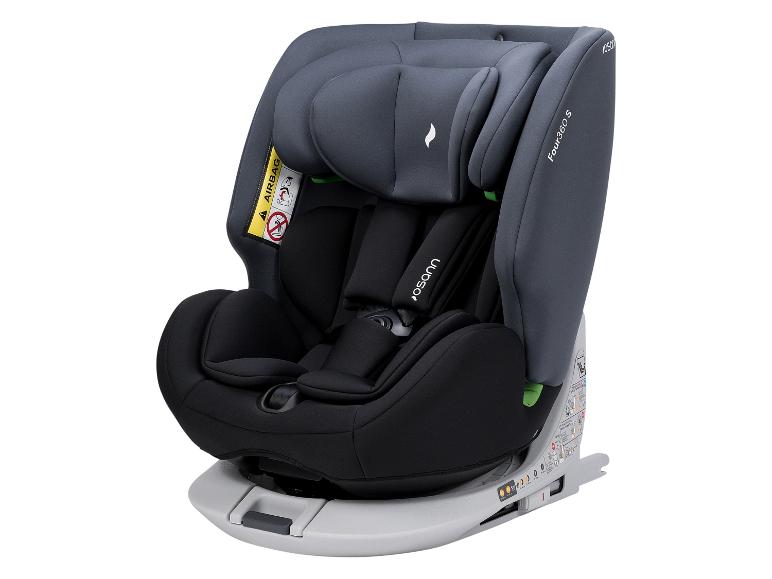 Een grijze en zwarte autostoel van het merk Joie, model Four360°S.