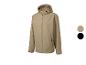 Beige herenjas met capuchon en rits, met zwarte en beige kleurstalen.