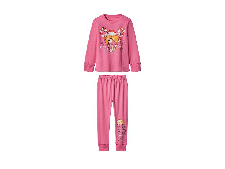 Roze kinderpyjama met Paw Patrol Skye en kerstzuurstokkenprint.