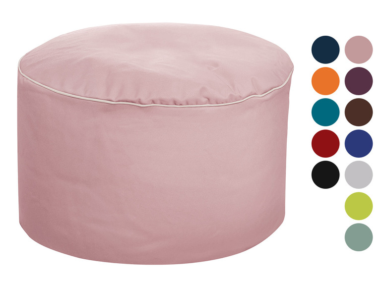 Een roze ronde poef met verschillende kleuren opties.