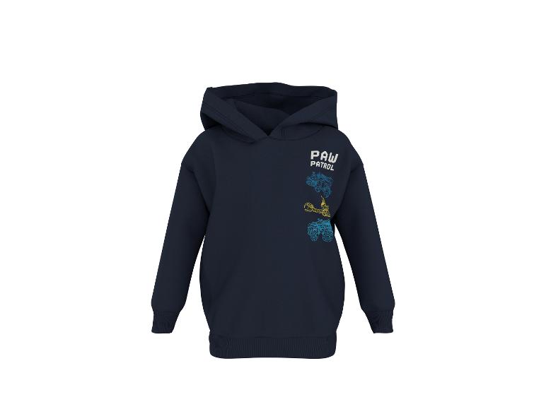 Donkerblauwe kinderhoodie met 'PAW PATROL'-tekst en voertuigen.