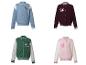 Kinder varsity jassen in blauw, bordeaux, groen en roze met letters en cijfers.