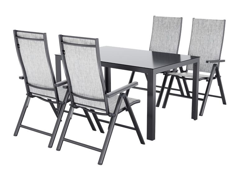 Tuinmeubelset: zwarte tafel en vier opvouwbare stoelen met grijze zitting en rugleuning.