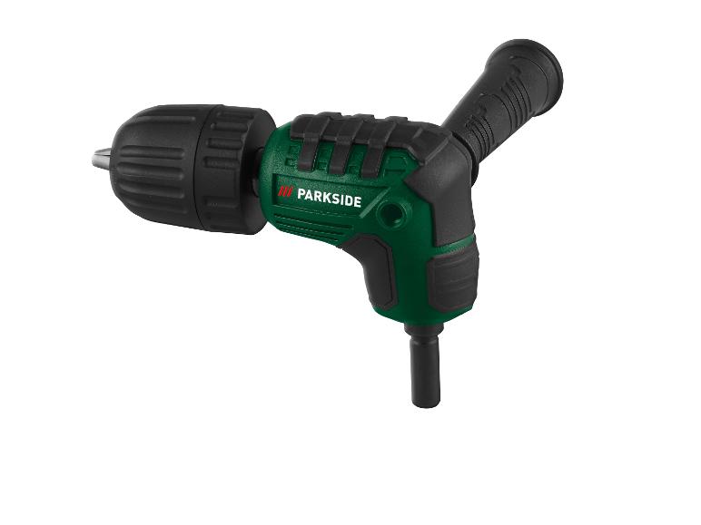 Een groene boormachine van Parkside met een rechte en hoekige kop.