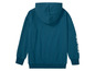 Een blauwe hoodie met witte tekst op de mouw.