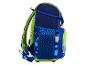 Sac à dos scolaire bleu et vert lime avec motif hexagonal et poches en filet.