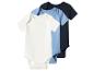 Trois bodys pour bébé en blanc, bleu clair et bleu foncé, à manches courtes.