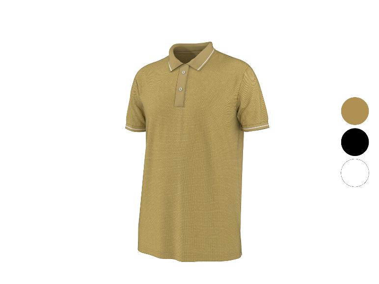 Polo homme à manches courtes jaune moutarde avec rayures blanches sur le col et les manches.