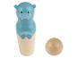 Un jeu de quilles avec un hippopotame bleu et une boule de bois.