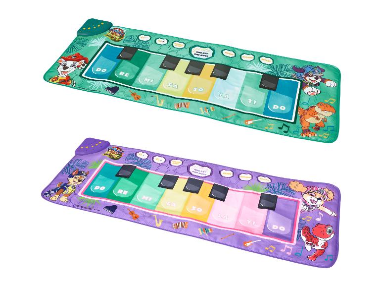 Twee kleurrijke kinderpiano speelmatten met stripfiguren en muzieknoten.