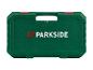 Groene PARKSIDE gereedschapskoffer met rode sluitingen en handvat