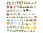 Jouets de ferme colorés avec fermiers, animaux, bâtiments et légumes.