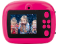 Roze kindercamera met scherm waarop kinderen confetti blazen.