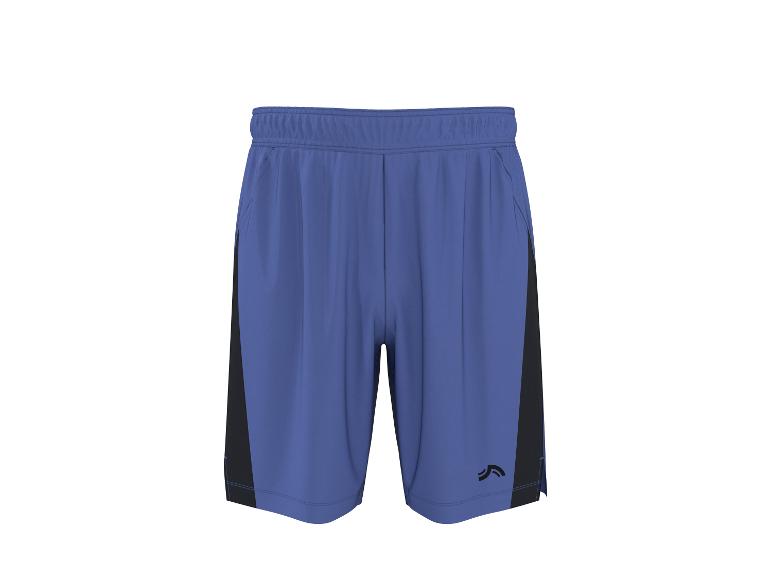 Blauwe sportshorts met zwarte zijpanelen en een zwart logo op het rechterbeen.