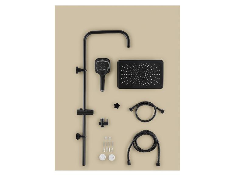 Système de douche noir avec douchette, pommeau de douche, flexible et accessoires de montage.
