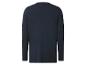 Achteraanzicht van een effen donkerblauw T-shirt met lange mouwen.