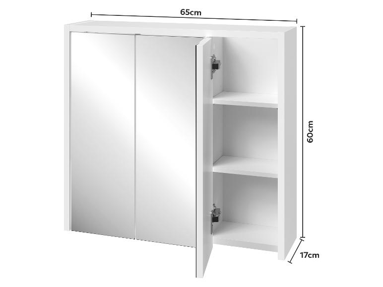 Witte spiegel badkamerkast, 65x60x17cm, met open planken en deuren.