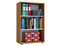 Een houten boekenkast met drie planken met mapjes, boeken en dozen.