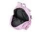 Sac à dos rose pâle ouvert, compartiments multiples.
