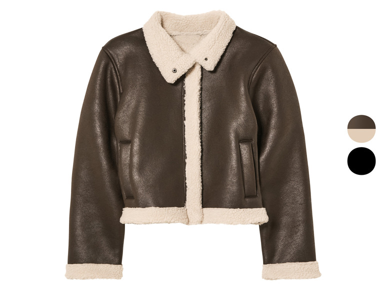 Une veste bomber en cuir marron avec un col en fourrure blanc.