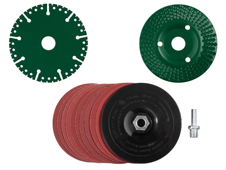 Un ensemble d'accessoires pour meuleuse d'angle, comprenant des disques de coupe, des patins de ponçage et un adaptateur de montage.