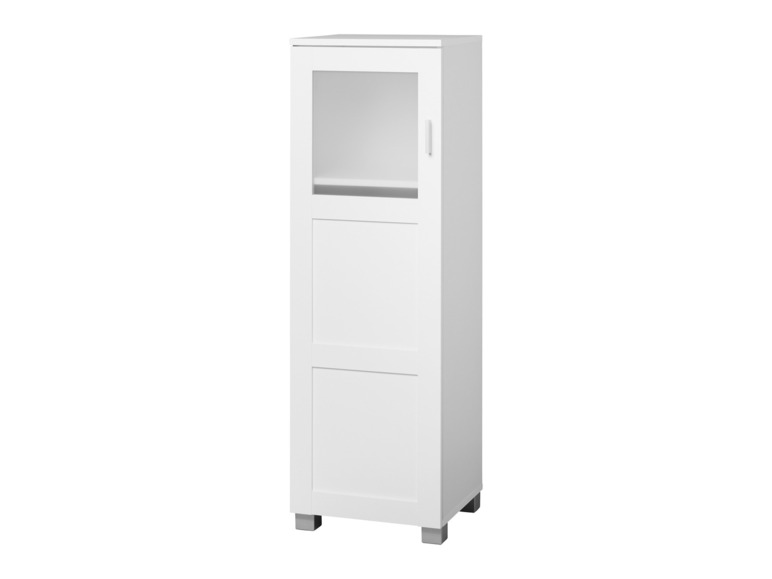 Witte kast met glazen deur en twee deuren.
