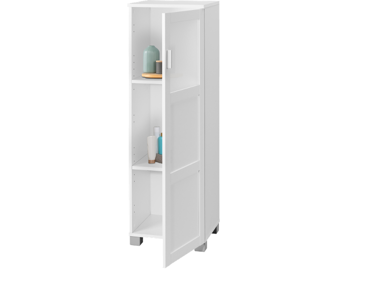 Witte badkamerkast met open plank waarop toiletartikelen en decoratie staan.