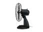 Ventilateur de bureau noir avec grille, vu de côté.