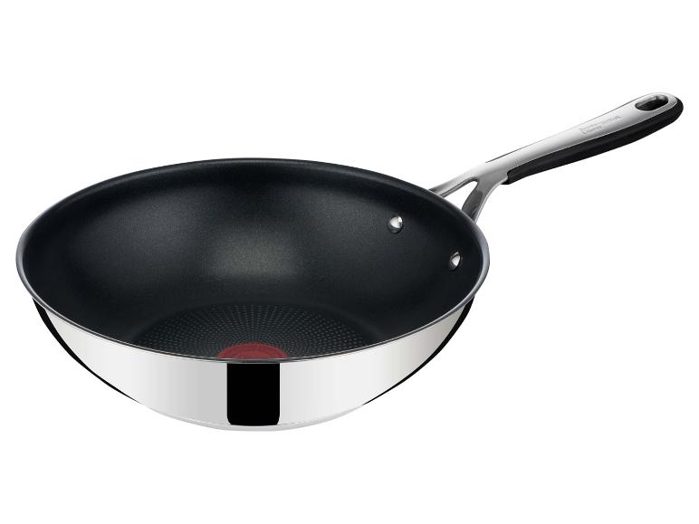 Wok en acier inoxydable avec intérieur antiadhésif noir et longue poignée