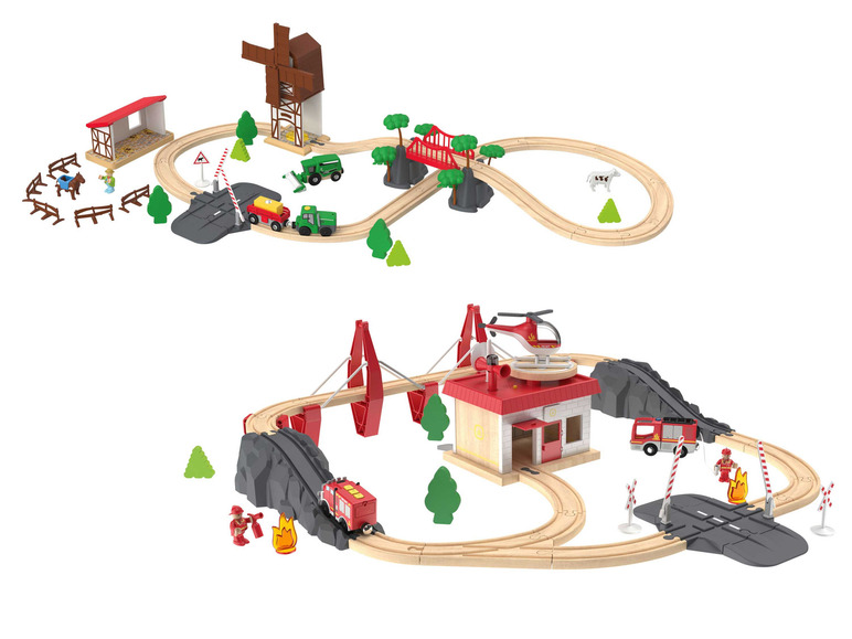 Aller en mode plein écran Playtive Set de chemin de fer en bois ferme ou pompiers - Photo 1